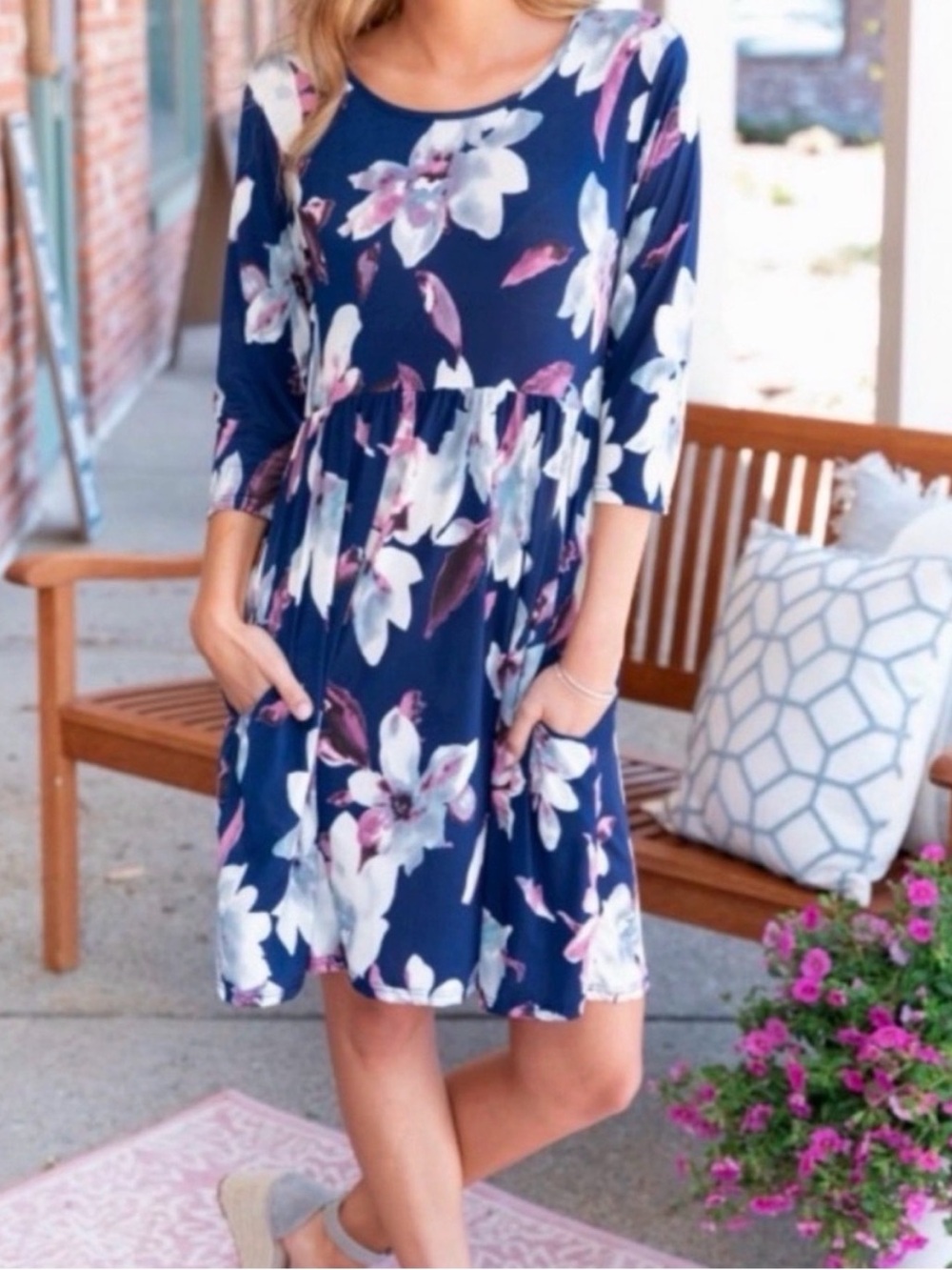 NWOT Navy Floral Scoop Neck Babydoll Dress